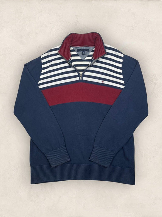 Pull demi - zip Tommy Hilfiger - Homme L - Bleu Marine/bordeuax - Coton - Très bon état - Ts0251 - amifrip