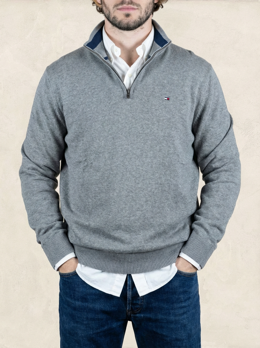 Pull 1/4 zip Tommy Hilfiger - Homme L - Gris - Coton - Tbe - TS0219