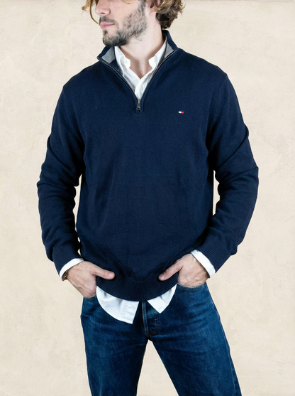 Pull 1/4 zip Tommy Hilfiger - Homme L - Bleu marine - Coton - Très bon état - TS0218