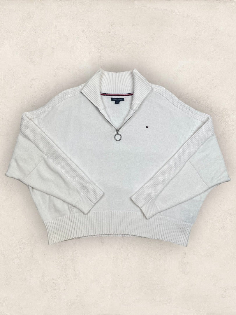 Pull 1/4 zip, Demi - zip Tommy Hilfiger - Femme S Over size - Blanc - Coton - Très bon état - Ts0240 - amifrip