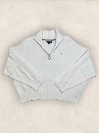 Pull 1/4 zip, Demi - zip Tommy Hilfiger - Femme S Over size - Blanc - Coton - Très bon état - Ts0240 - amifrip