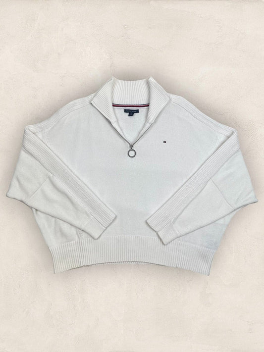 Pull 1/4 zip, Demi - zip Tommy Hilfiger - Femme S Over size - Blanc - Coton - Très bon état - Ts0240 - amifrip