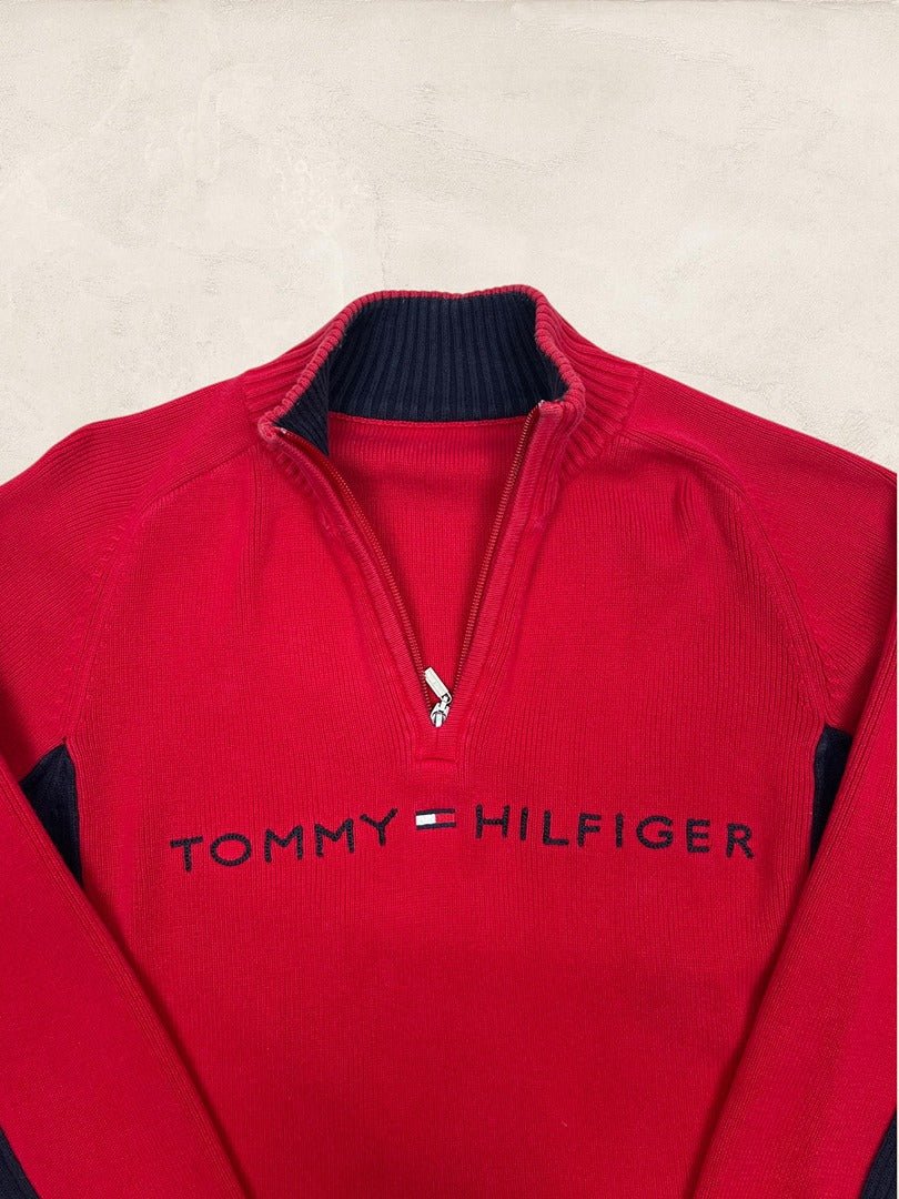 Pull 1/4 zip Tommy Hilfiger femme M rouge, bleu marine coton - Très bon état - Ts0175 - amifrip