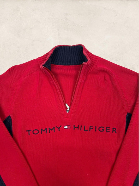 Pull 1/4 zip Tommy Hilfiger femme M rouge, bleu marine coton - Très bon état - Ts0175 - amifrip