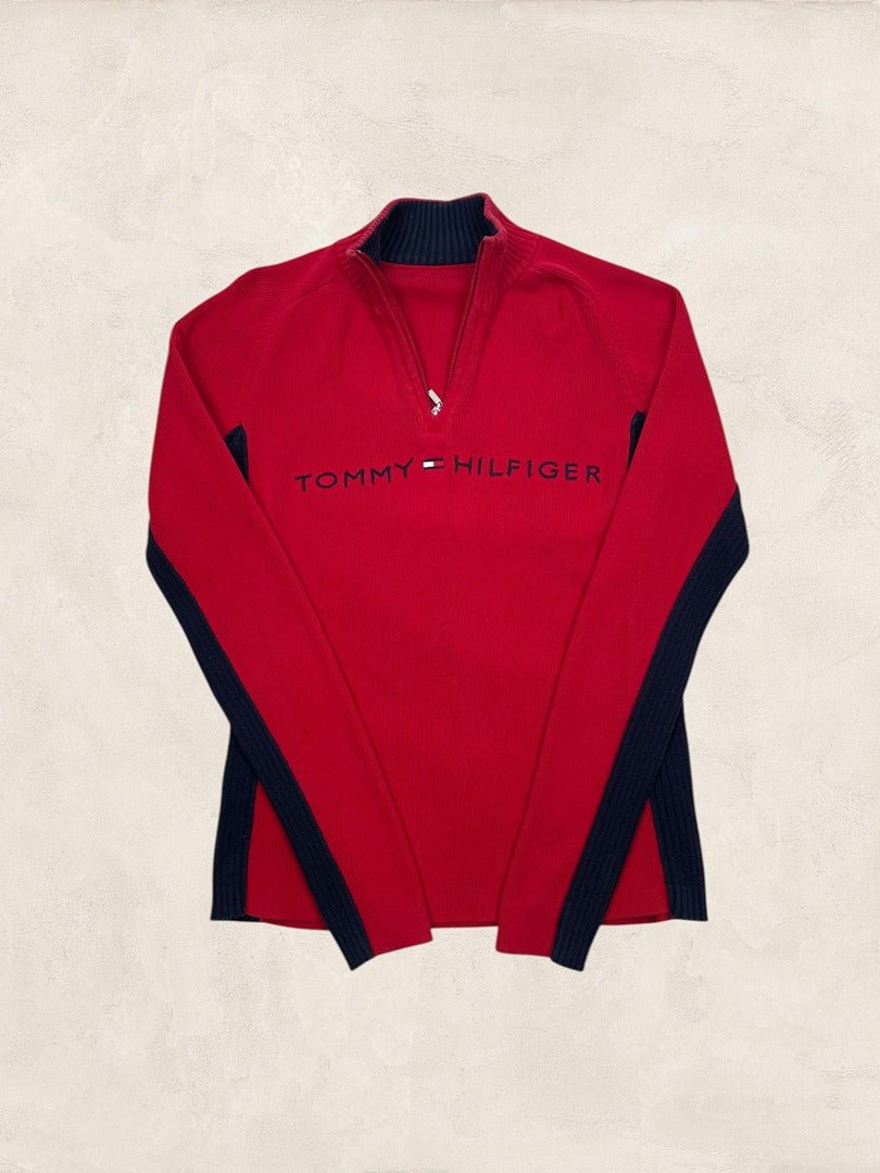 Pull 1/4 zip Tommy Hilfiger femme M rouge, bleu marine coton - Très bon état - Ts0175 - amifrip