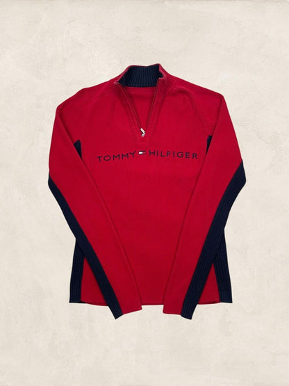 Pull 1/4 zip Tommy Hilfiger femme M rouge, bleu marine coton - Très bon état - Ts0175 - amifrip