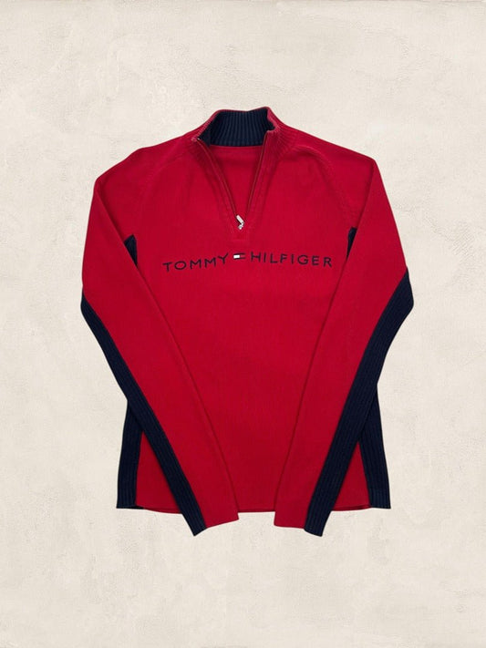 Pull 1/4 zip Tommy Hilfiger femme M rouge, bleu marine coton - Très bon état - Ts0175 - amifrip