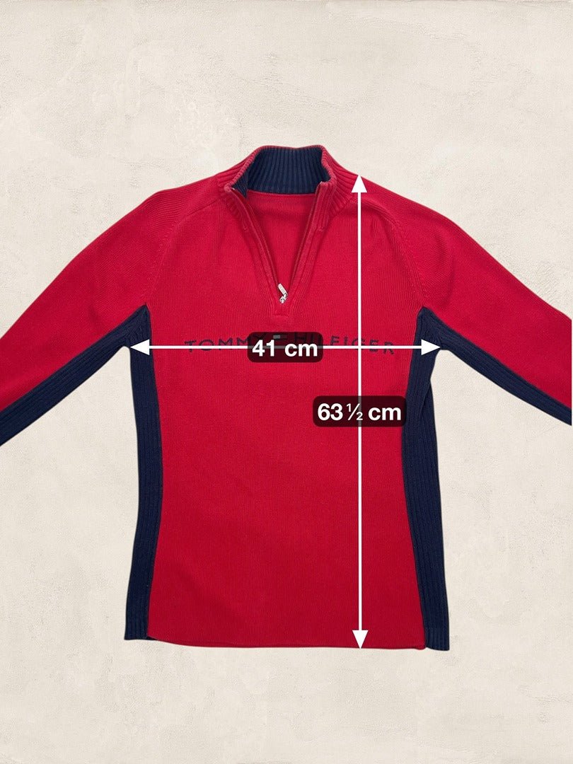 Pull 1/4 zip Tommy Hilfiger femme M rouge, bleu marine coton - Très bon état - Ts0175 - amifrip
