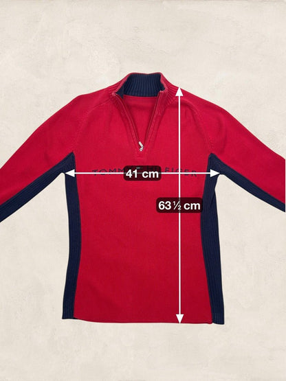 Pull 1/4 zip Tommy Hilfiger femme M rouge, bleu marine coton - Très bon état - Ts0175 - amifrip