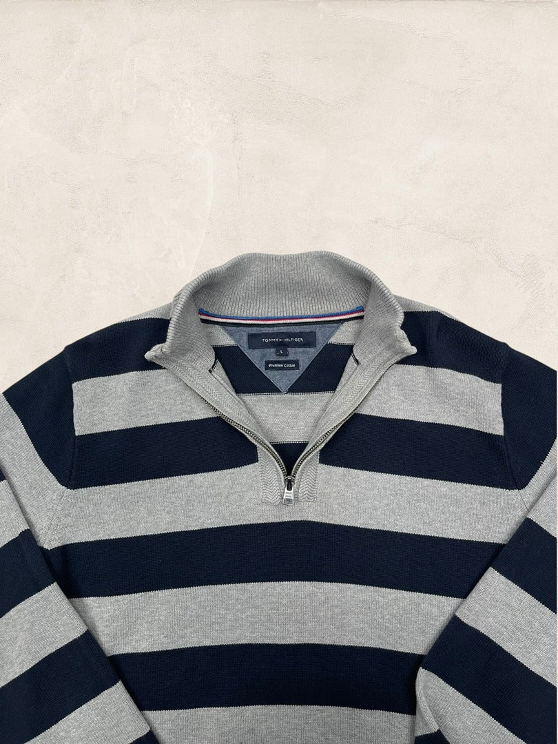 Pull 1/4 Zip Tommy Hilfiger Homme L Gris Coton Très Bon État - Ts0172 - amifrip