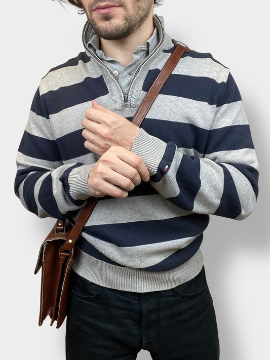 Pull 1/4 Zip Tommy Hilfiger Homme L Gris Coton Très Bon État - Ts0172 - amifrip