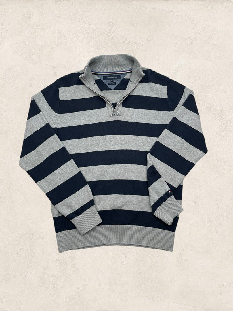 Pull 1/4 Zip Tommy Hilfiger Homme L Gris Coton Très Bon État - Ts0172 - amifrip