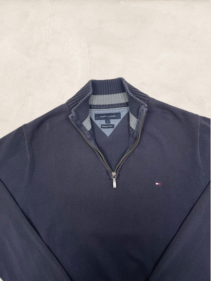 Pull 1/4 Zip Tommy Hilfiger Homme L - Marine - Très Bon État - Ts0162 - amifrip