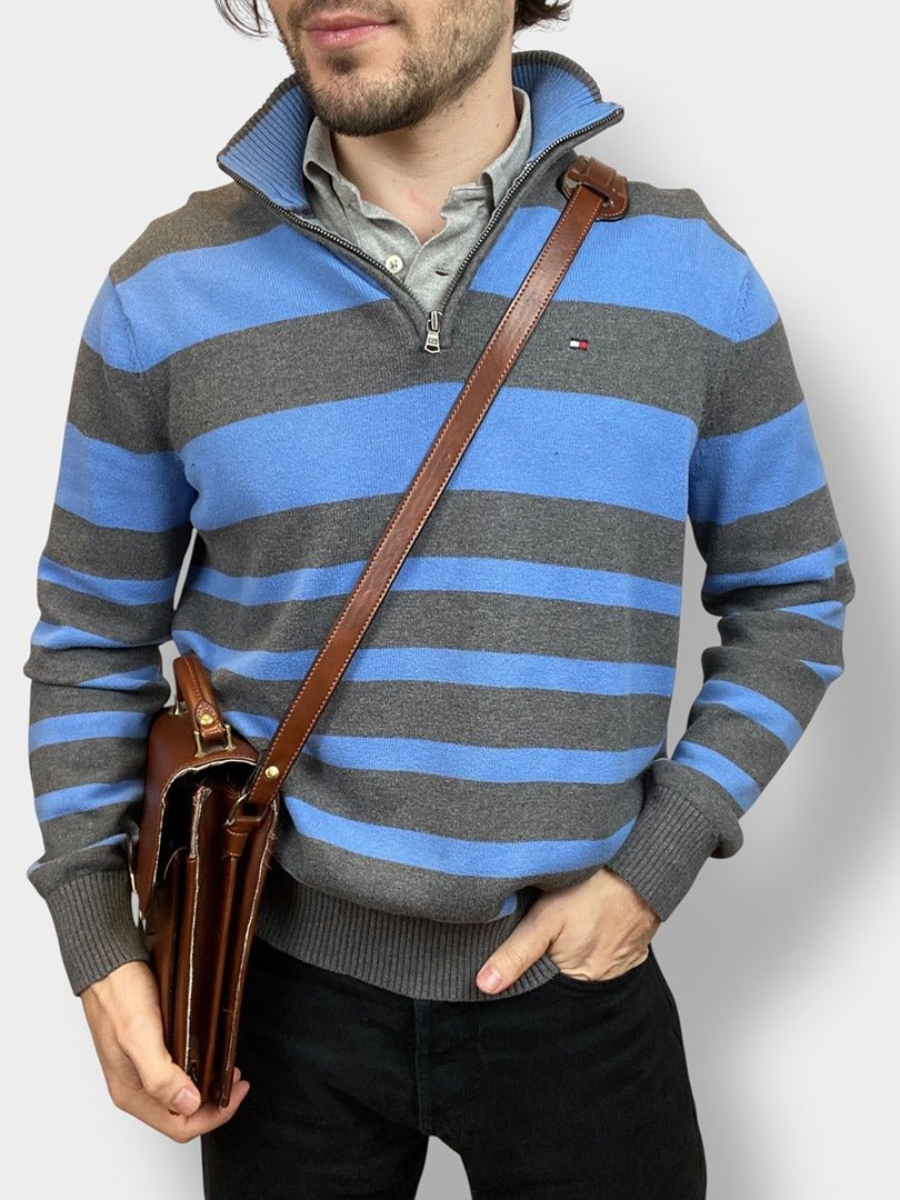 Pull 1/4 zip Tommy Hilfiger homme M - bleu et gris - Très bon état - Ts0146 - amifrip