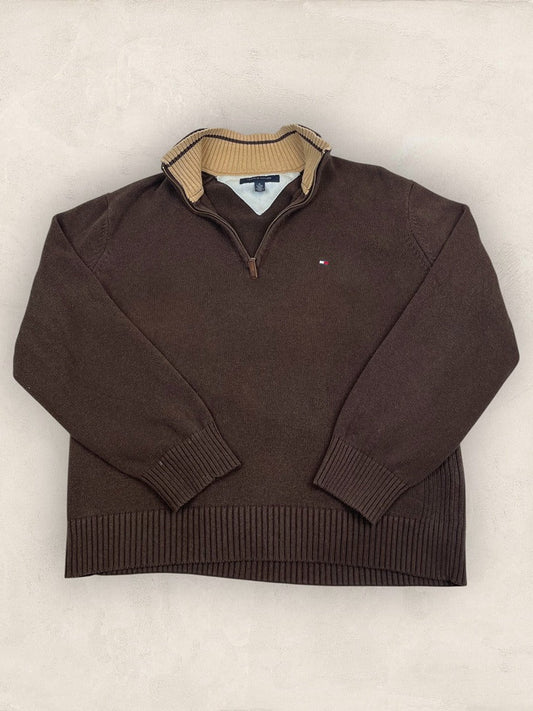 Pull 1/4 zip Tommy Hilfiger - Homme Xl - Marron - Coton - Très bon état - Vl0323 - amifrip