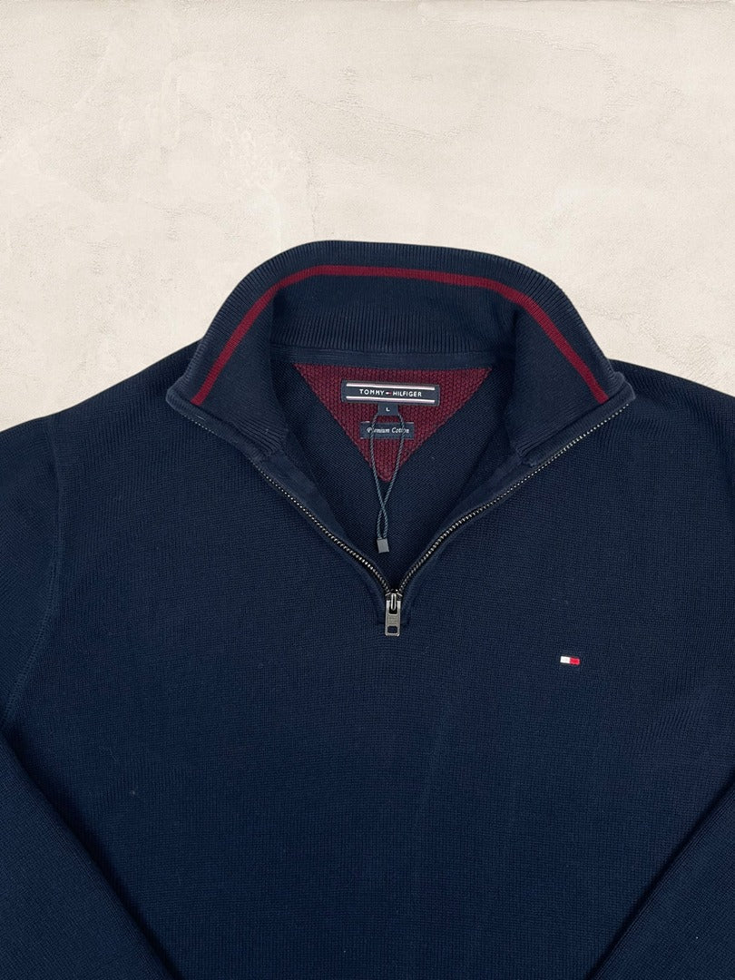 Pull Col Zippé Tommy Hilfiger Homme L Bleu Marine Coton - Ts0186 - amifrip