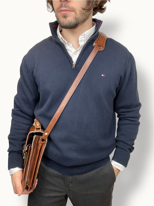 Pull Col Zippé Tommy Hilfiger Homme L Bleu Marine Coton - Ts0186 - amifrip