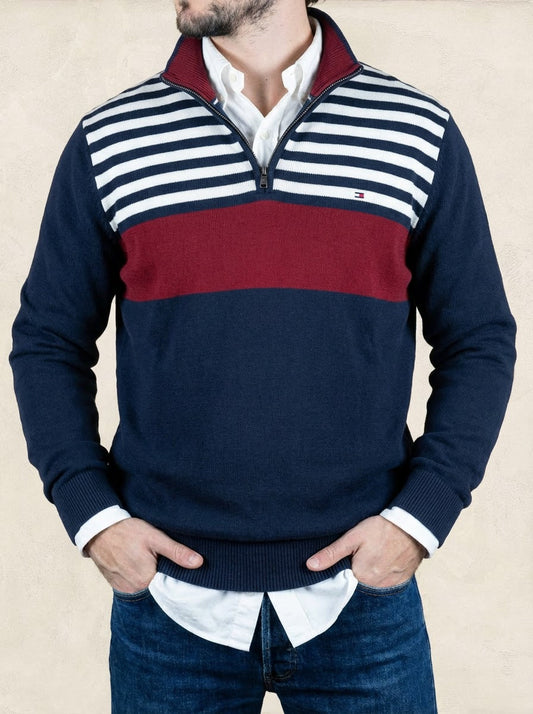 Pull demi - zip Tommy Hilfiger - Homme L - Bleu Marine/bordeuax - Coton - Très bon état - Ts0251 - amifrip