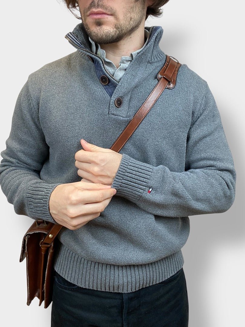 Pull demi - zip Tommy Hilfiger - homme L - gris - Très bon état - Ts0133 - amifrip