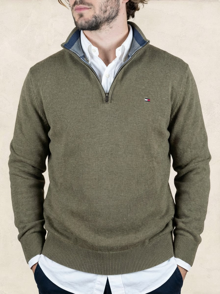 Pull Demi - zip Tommy Hilfiger - Homme M - Vert/kaki - Coton - Ts0253 - amifrip